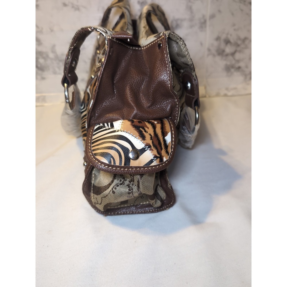 GUESS ? Patchwork Animal Purse Bag Silver Logo Hardware Double Handles 14.5"x9" - Picture 6 of 11